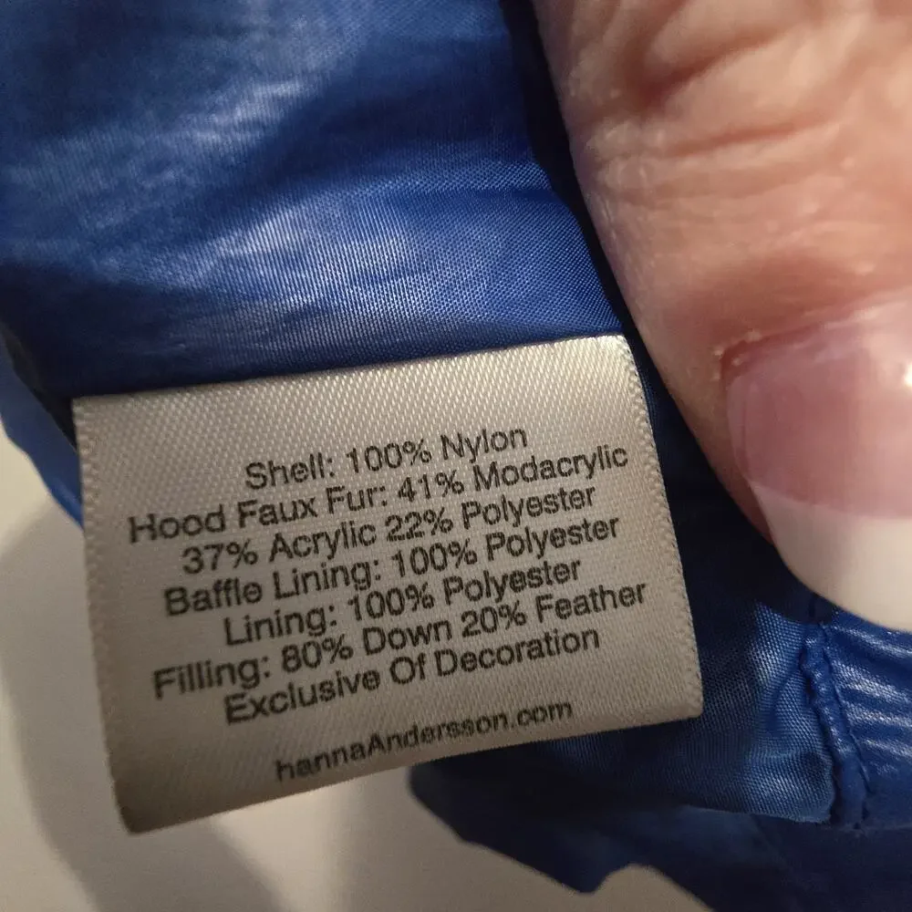 Hanna Andersson Down Long‎ Hooded Coat Girls Sz 140 9-10 Blue Fauz Fur Edge Warm